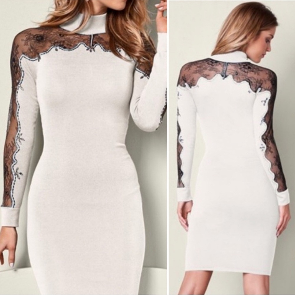 White Sweater Dress Black Lace Rhinestone Details Venus Size M
